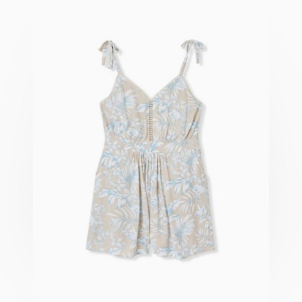 TORRID BEIGE & BLUE FLORAL CRINKLED GAUZE ROMPER SIZE 3